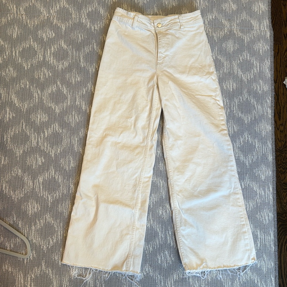 MNG Women's Denim Catherine Wide Leg Jeans Ivory Mid Rise 5-Pocket Frayed Size 6